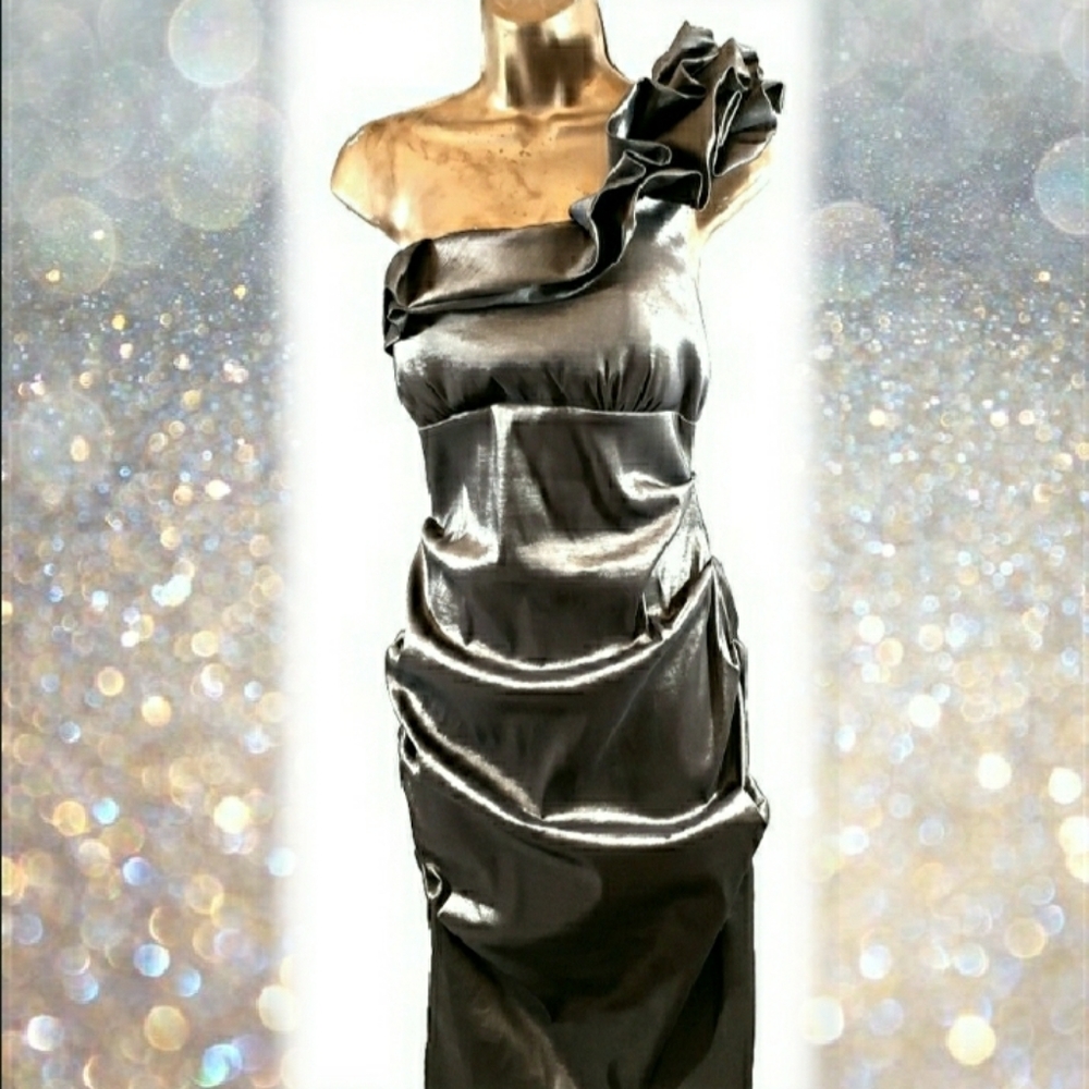 CASHE One Shoulder Taupe Ruffel Formal Dress